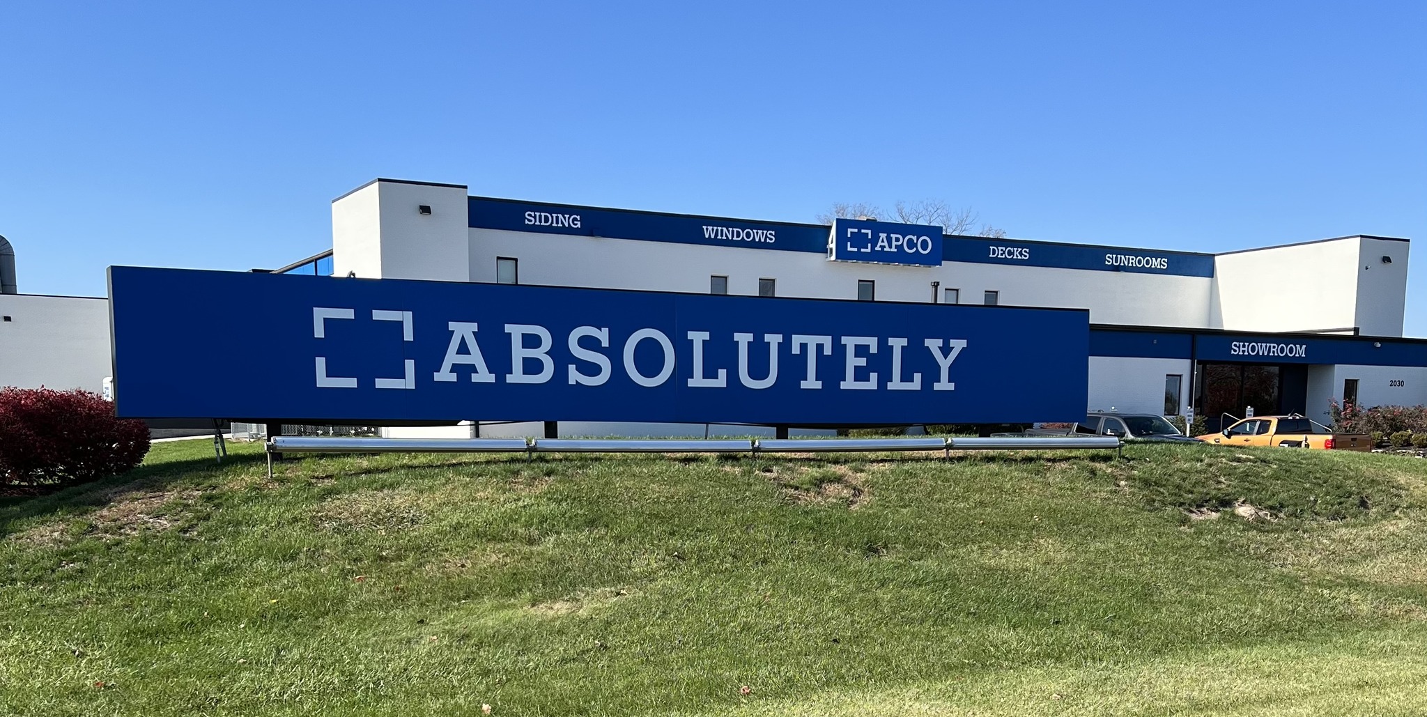 Pat's Aluminum Products facility in Penetanguishene with the APCO and ABSOLUTELY signage